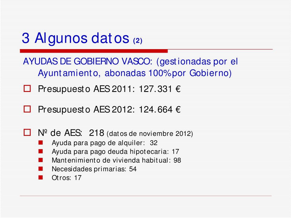 664 Nº de AES: 218 (datos de noviembre 2012) Ayuda para pago de alquiler: 32 Ayuda para