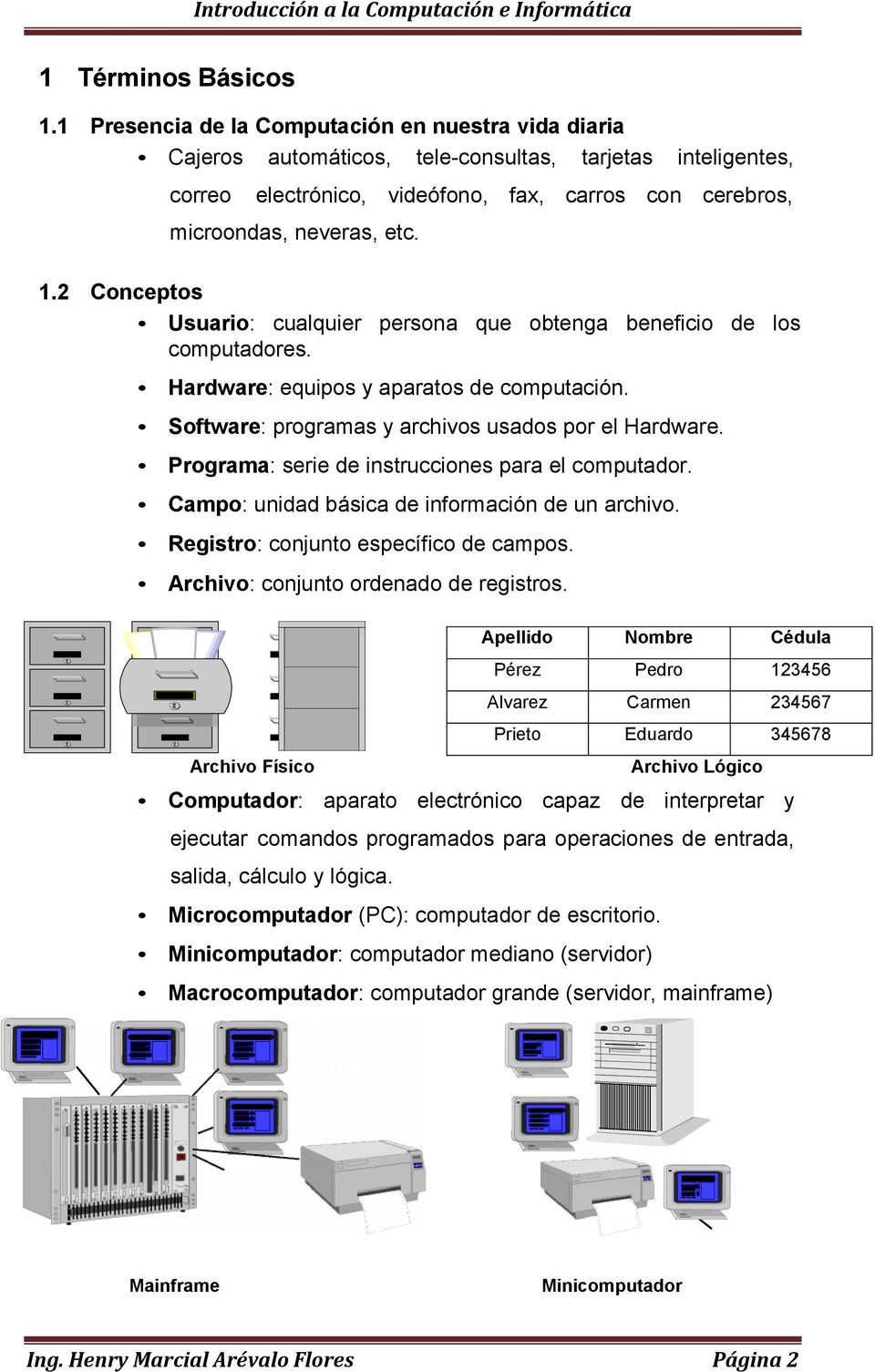 2 Conceptos Usuario: cualquier persona que obtenga beneficio de los computadores. Hardware: equipos y aparatos de computación. Software: programas y archivos usados por el Hardware.