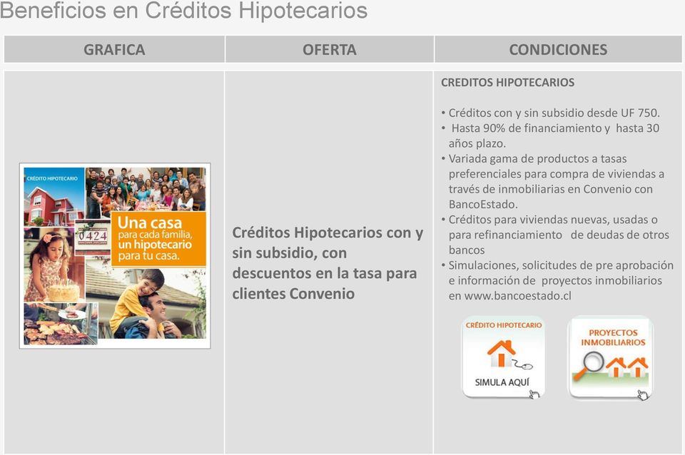 Variada gama de productos a tasas preferenciales para compra de viviendas a través de inmobiliarias en Convenio con BancoEstado.