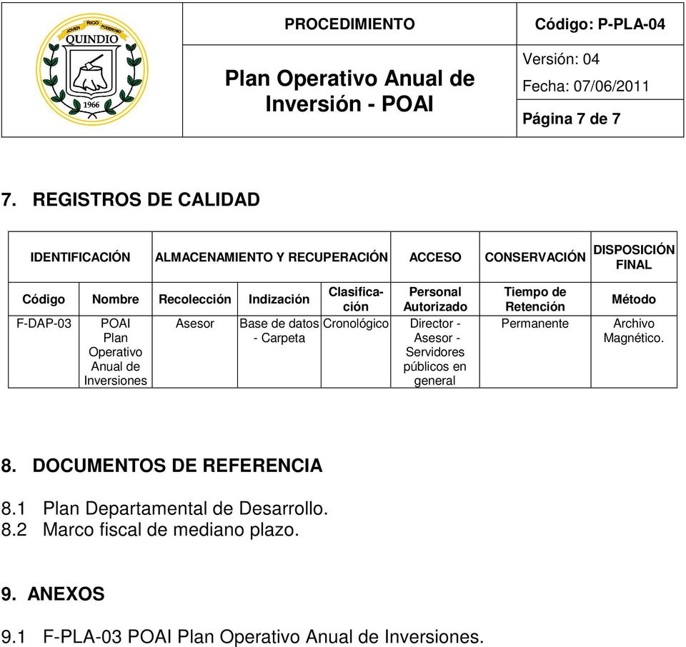 Indización F-DAP-03 POAI Plan Operativo Anual de Inversiones Asesor Base de datos - Carpeta Clasificación Autorizado Personal