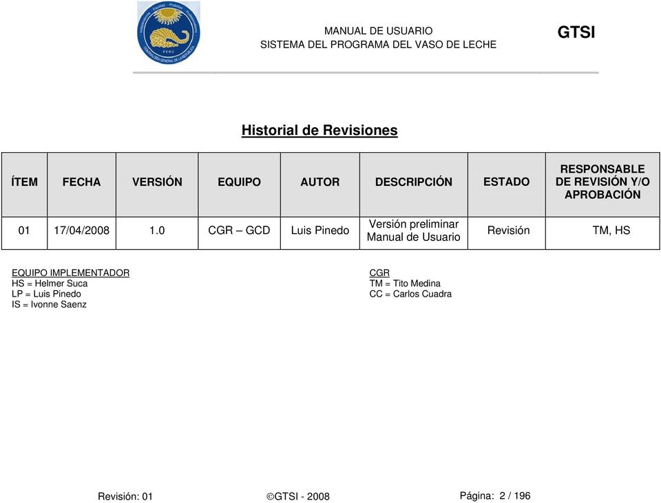0 CGR GCD Luis Pinedo Versión preliminar Manual de Usuario Revisión TM, HS EQUIPO