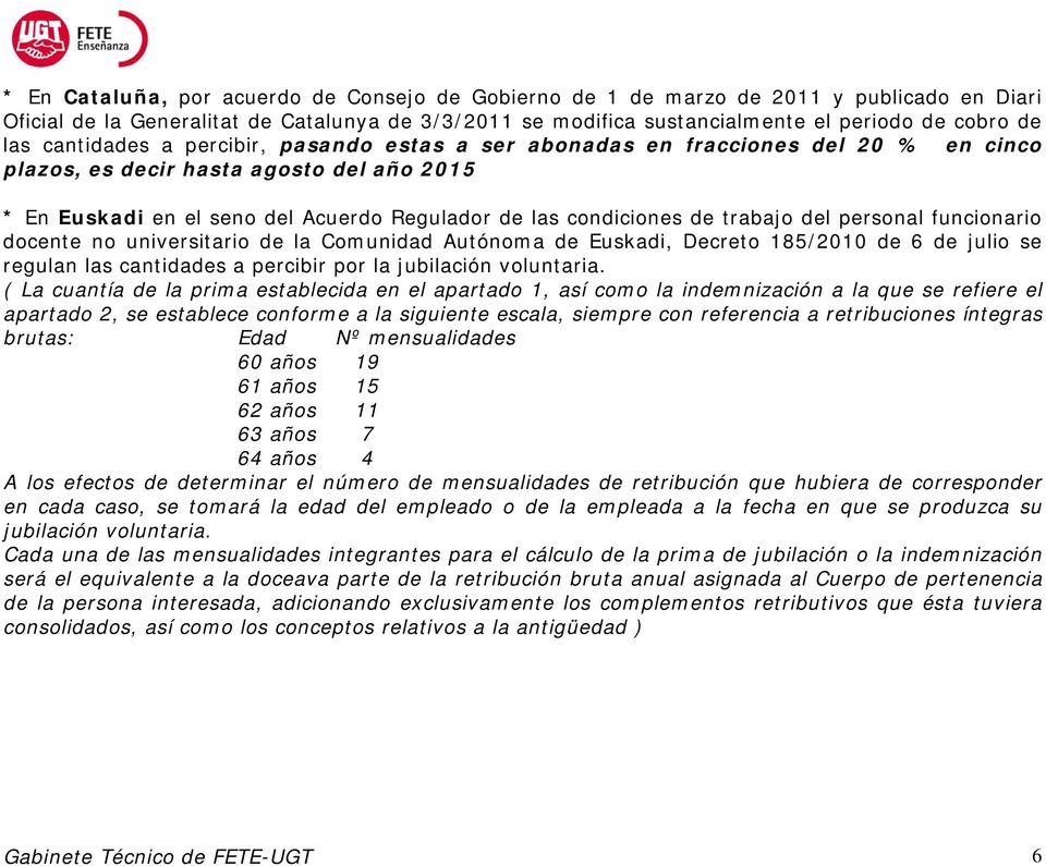 trabajo del personal funcionario docente no universitario de la Comunidad Autónoma de Euskadi, Decreto 185/2010 de 6 de julio se regulan las cantidades a percibir por la jubilación voluntaria.
