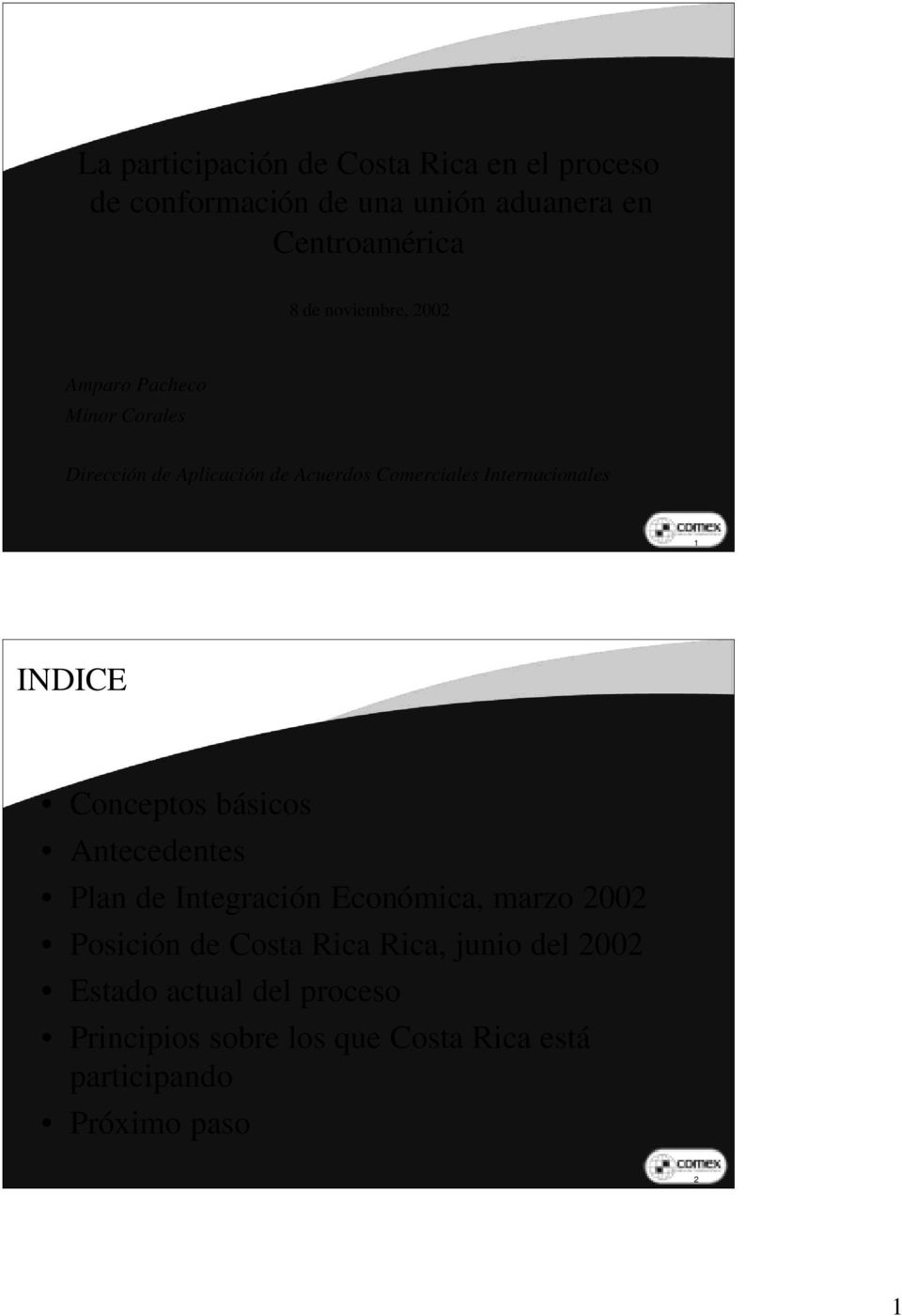 1 INDICE Conceptos básicos Antecedentes Plan de Integración Económica, marzo 2002 Posición de Costa Rica