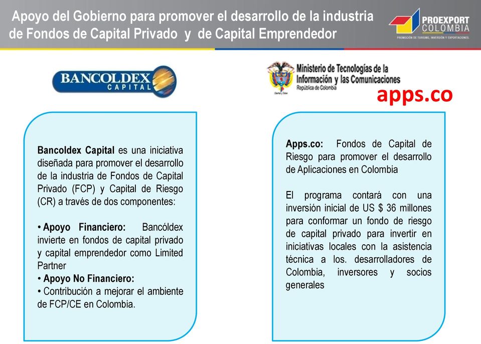 Bancóldex invierte en fondos de capital privado y capital emprendedor como Limited Partner Apoyo No Financiero: Contribución a mejorar el ambiente de FCP/CE en Colombia. Apps.