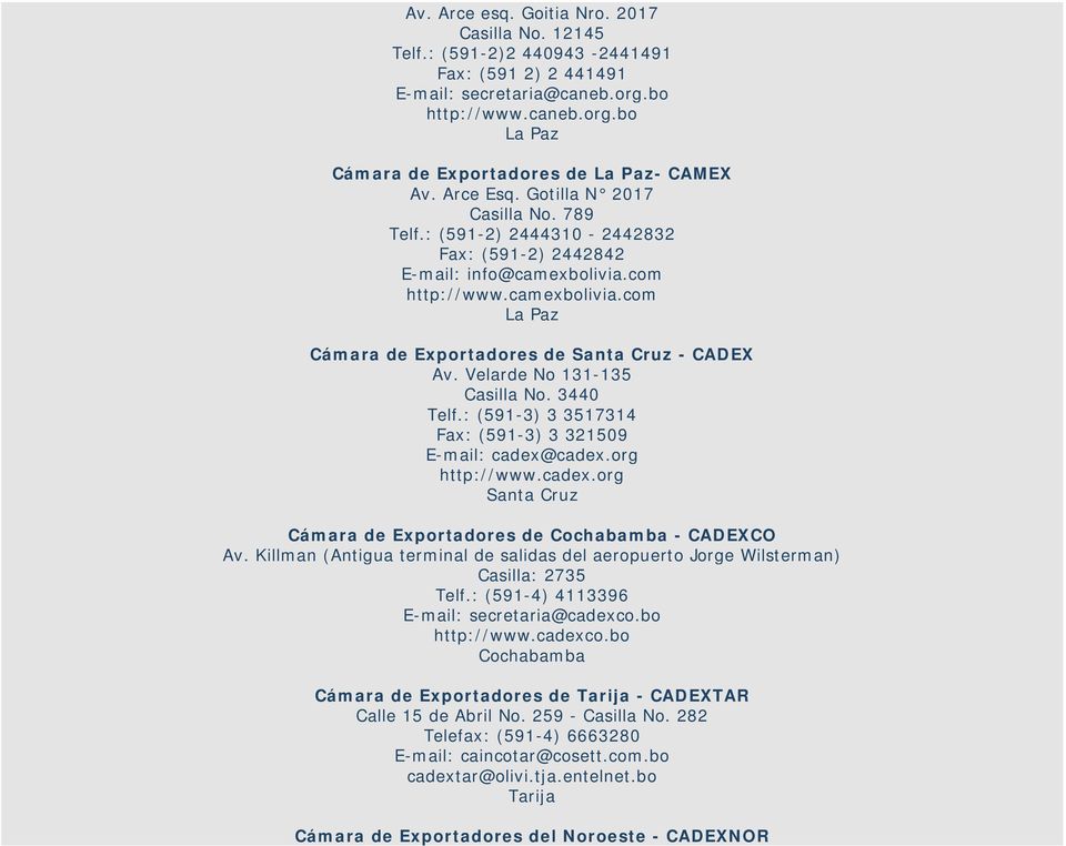 Velarde No 131-135 Casilla No. 3440 Telf.: (591-3) 3 3517314 Fax: (591-3) 3 321509 E-mail: cadex@cadex.org http://www.cadex.org Santa Cruz Cámara de Exportadores de Cochabamba - CADEXCO Av.