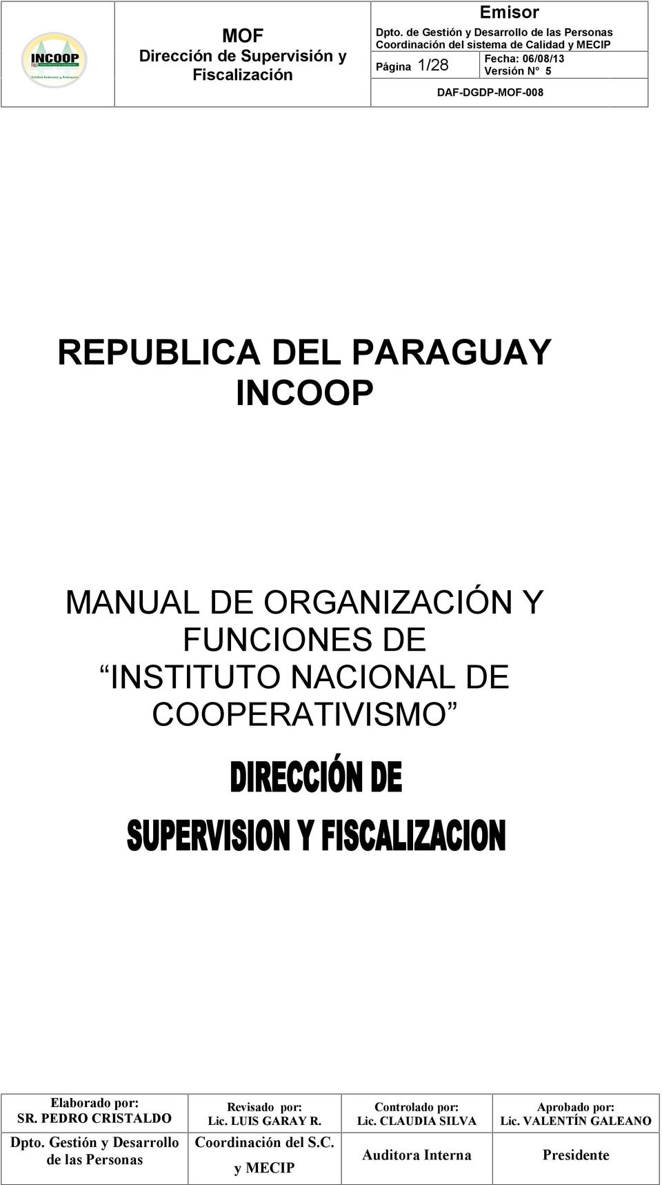 DEL PARAGUAY INCOOP MANUAL DE ORGANIZACIÓN Y FUNCIONES DE