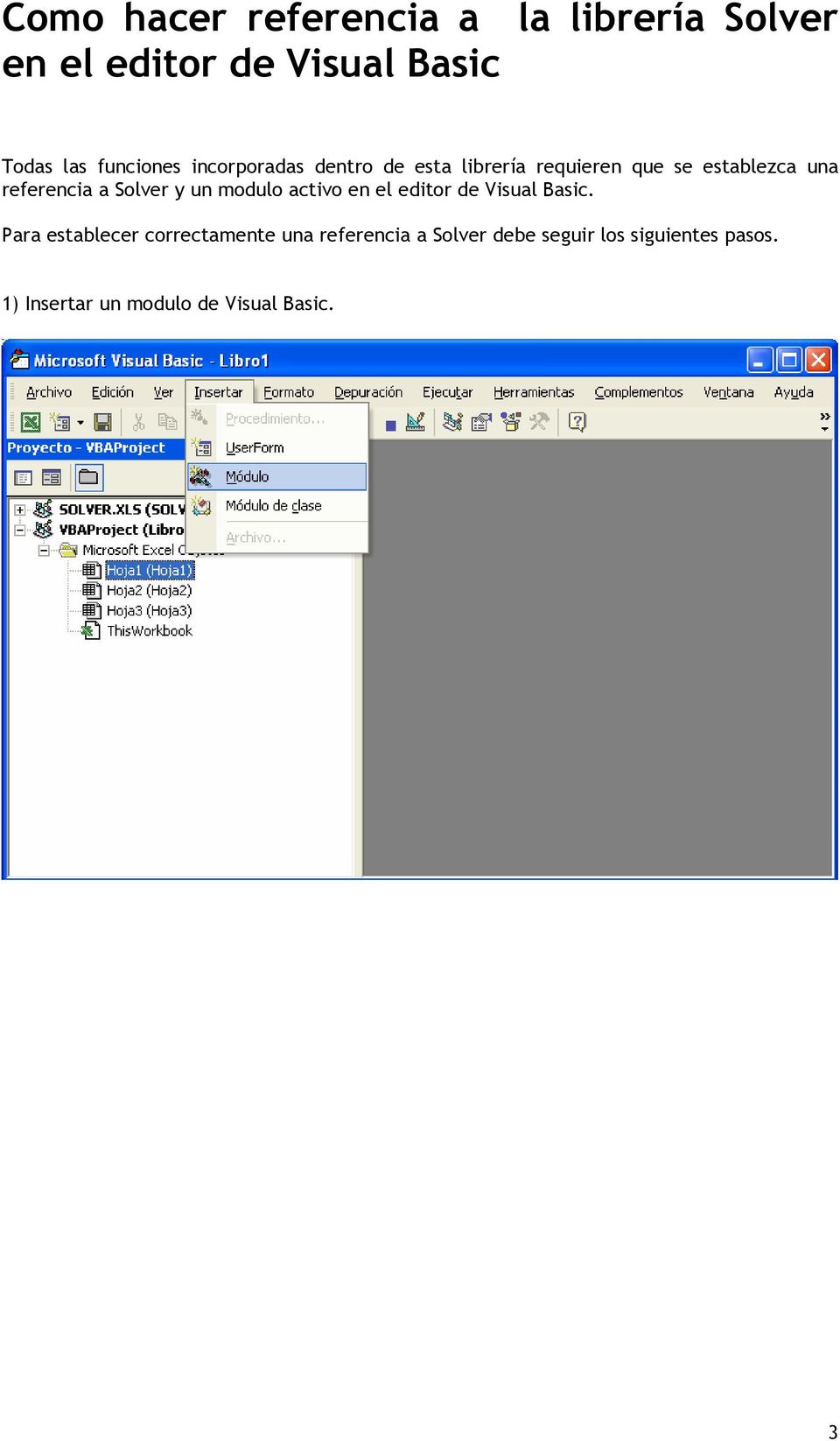 a Solver y un modulo activo en el editor de Visual Basic.