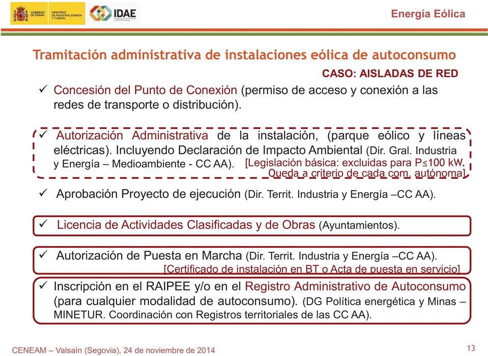 CASO: AISLADAS DE RED [Legislación básica: excluidas para P 100 kw. Queda a criterio de cada com. autónoma] Aprobación Proyecto de ejecución (Dir. Territ. Industria y Energía CC AA).