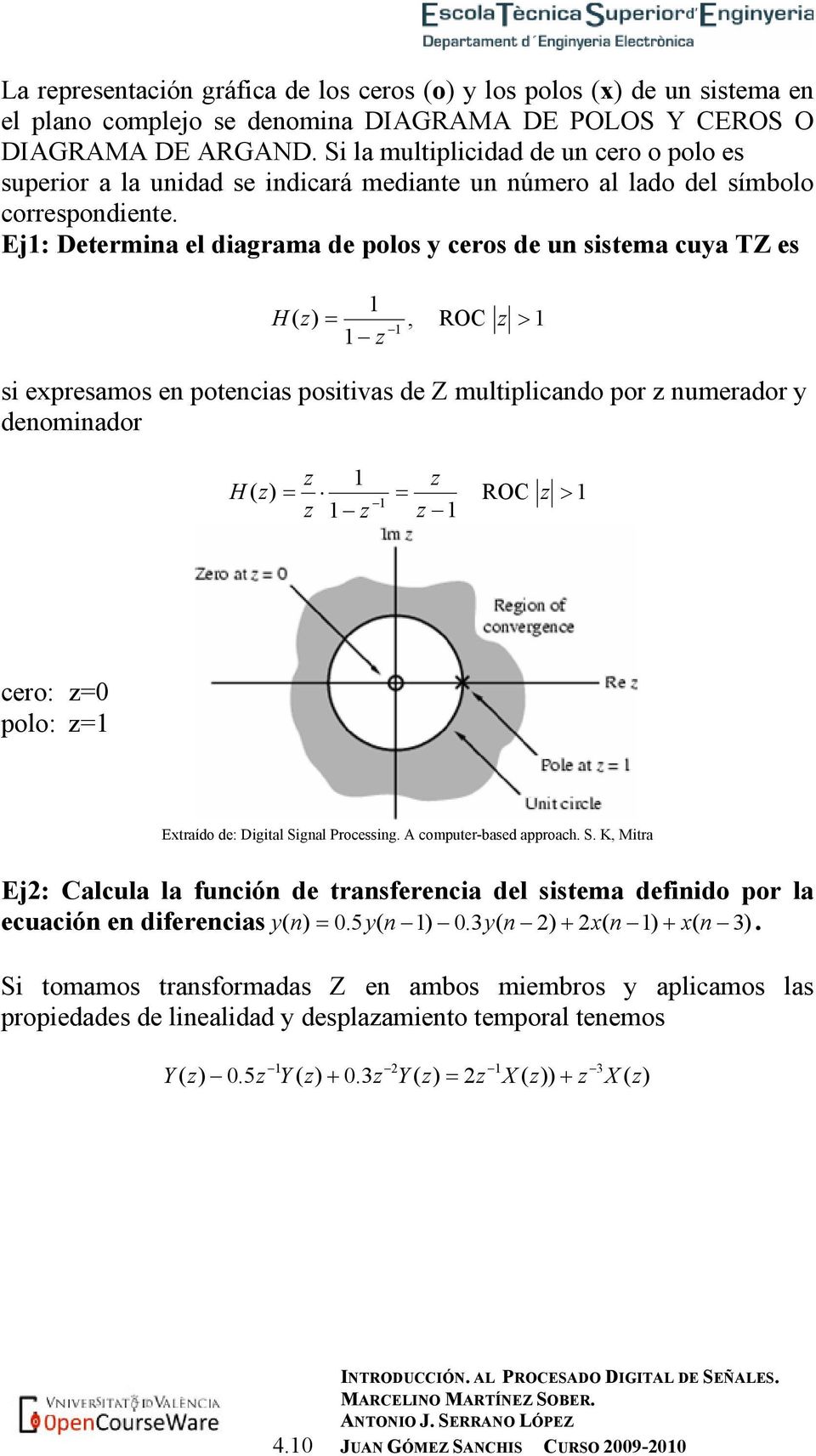 Ej: Determia el diagrama de polos y ceros de u sistema cuya TZ es H, ROC > si expresamos e potecias positivas de Z multiplicado por umerador y deomiador H ROC > cero: polo: Extraído de: