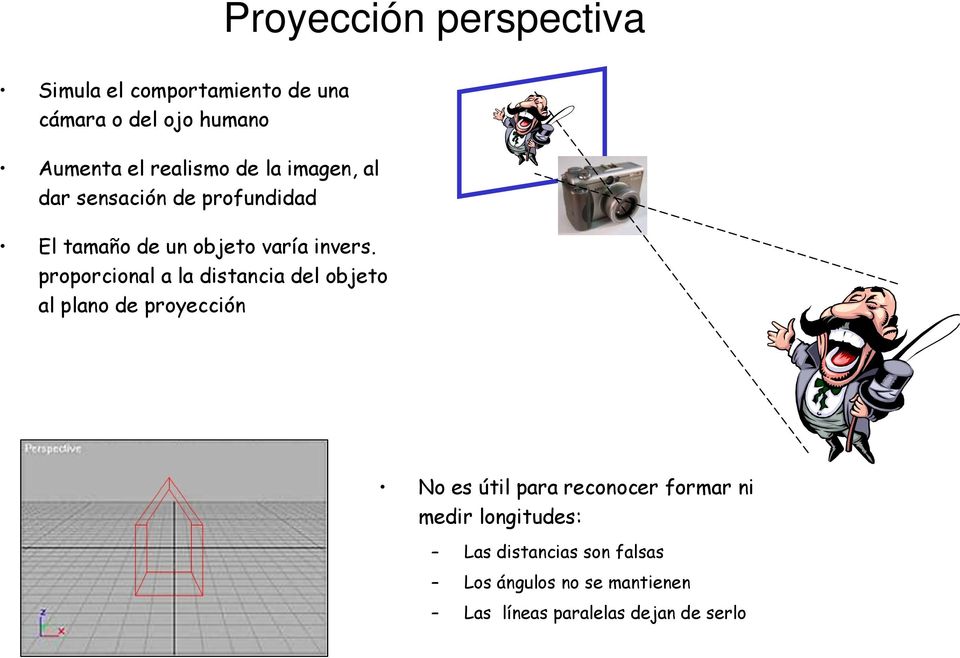 proporcional a la distancia del objeto al plano de proección No es útil para reconocer formar ni
