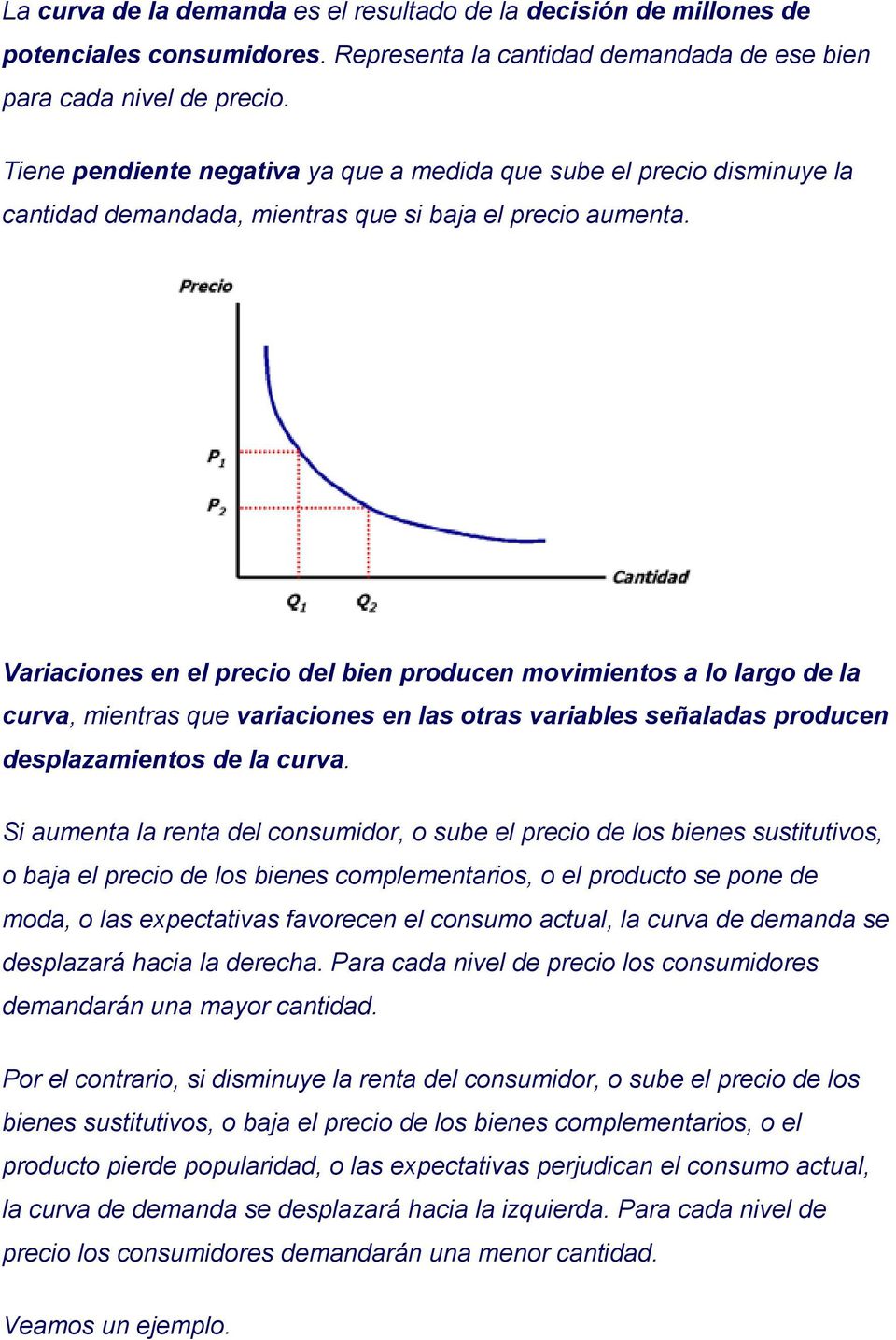 Variaciones en el precio del bien producen movimientos a lo largo de la curva, mientras que variaciones en las otras variables señaladas producen desplazamientos de la curva.