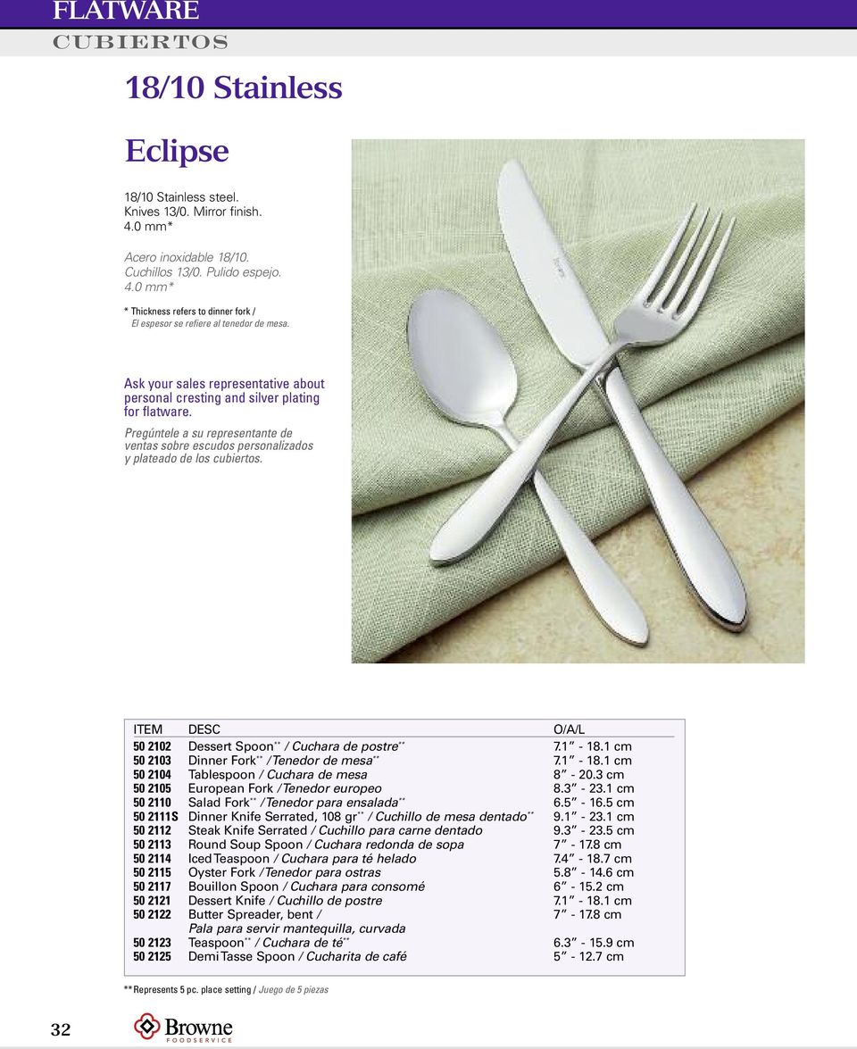 1 cm 50 2110 Salad Fork ** / Tenedor para ensalada ** 6.5-16.5 cm 50 2111S Dinner Knife Serrated, 108 gr ** / Cuchillo de mesa dentado ** 9.1-23.
