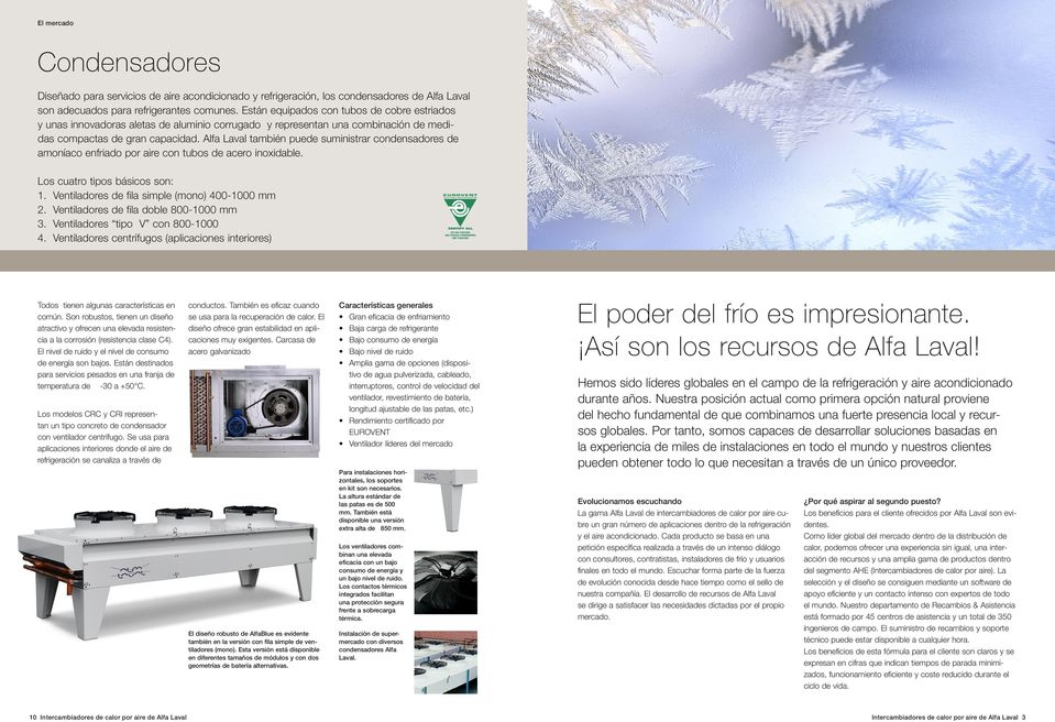 Alfa Laval también puede suministrar condensadores de amoníaco enfriado por aire con tubos de acero inoxidable. Los cuatro tipos básicos son: 1. Ventiladores de fila simple (mono) 400-1000 mm 2.