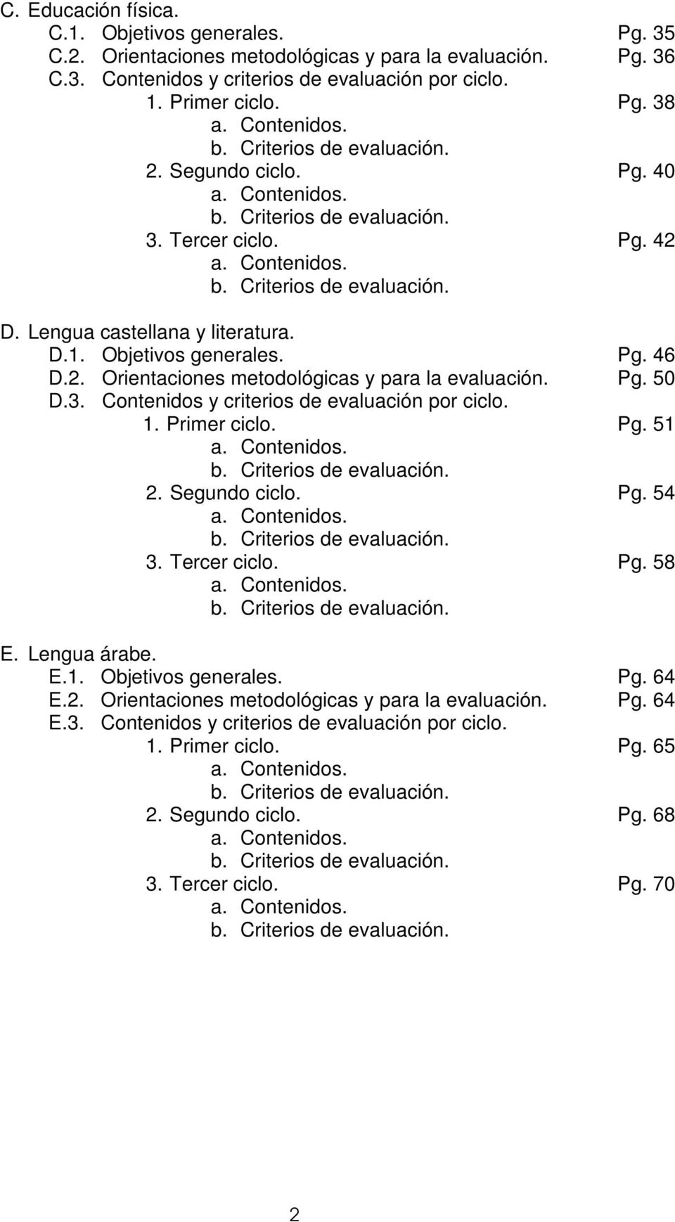 Lengua castellana y literatura. D.1. Objetivos generales. Pg. 46 D.2. Orientaciones metodológicas y para la evaluación. Pg. 50 D.3. Contenidos y criterios de evaluación por ciclo. 1. Primer ciclo. Pg. 51 a.