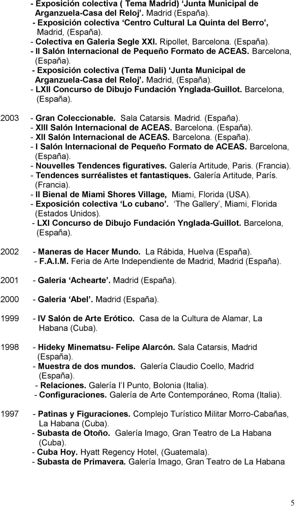 Madrid, - LXII Concurso de Dibujo Fundación Ynglada-Guillot. Barcelona, 2003 - Gran Coleccionable. Sala Catarsis. Madrid. - XIII Salón Internacional de ACEAS. Barcelona. - XII Salón Internacional de ACEAS.