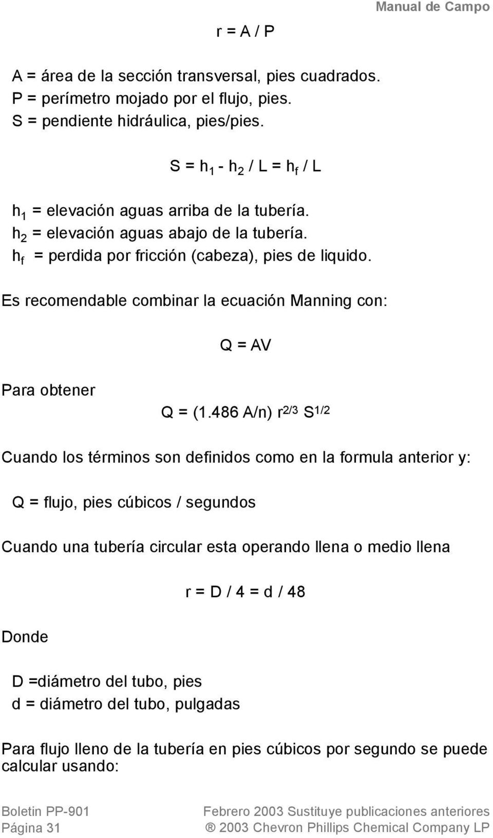 h f Es recomendable combinar la ecuación Manning con: Q = AV Para obtener Q = (1.