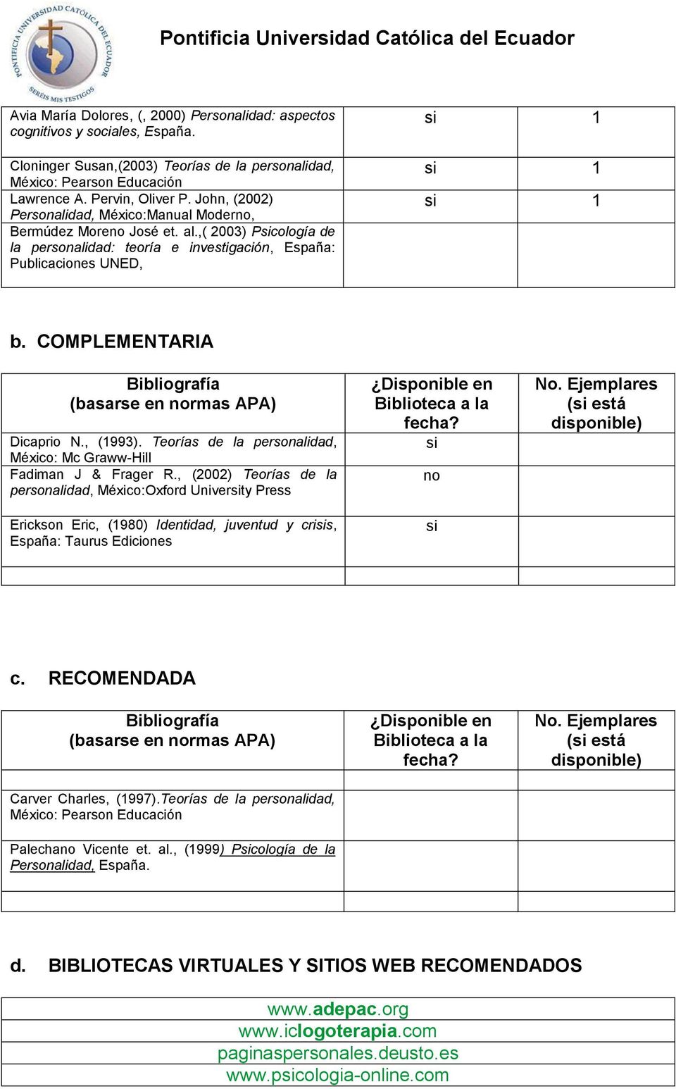COMPLEMENTARIA Bibliografía (basarse en normas APA) Dicaprio N., (1993). Teorías de la personalidad, México: Mc Graww-Hill Fadiman J & Frager R.