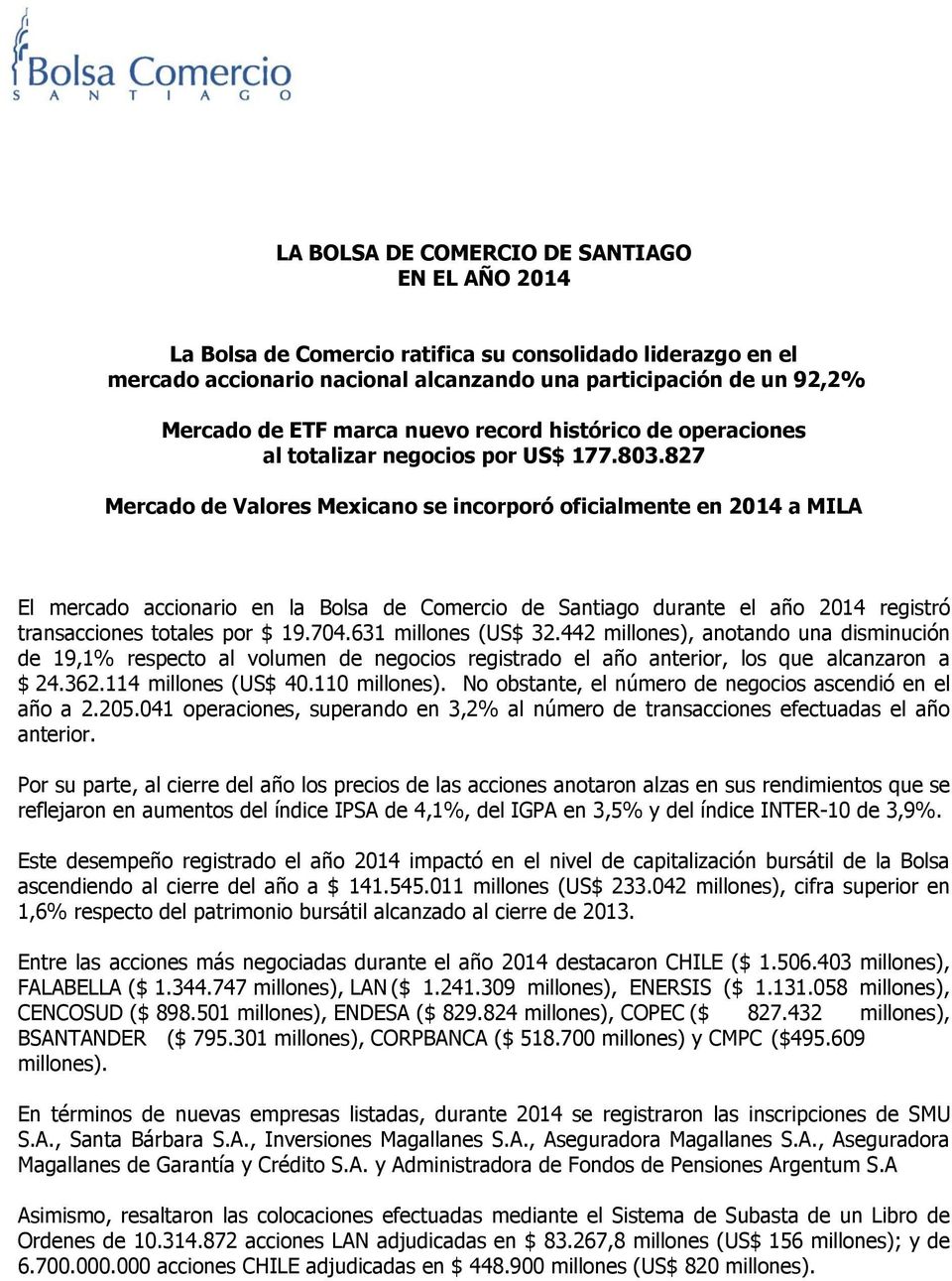 827 Mercado de Valores Mexicano se incorporó oficialmente en 2014 a MILA El mercado accionario en la Bolsa de Comercio de Santiago durante el año 2014 registró transacciones totales por $ 19.704.