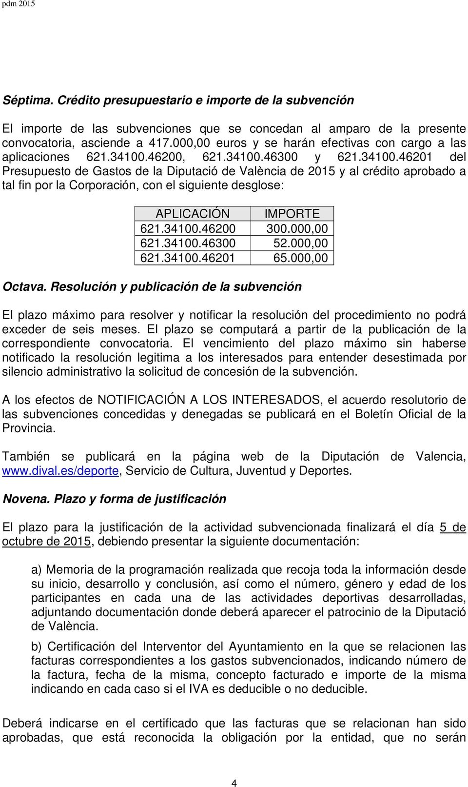 46200, 621.34100.46300 y 621.34100.46201 del Presupuesto de Gastos de la Diputació de València de 2015 y al crédito aprobado a tal fin por la Corporación, con el siguiente desglose: APLICACIÓN IMPORTE 621.