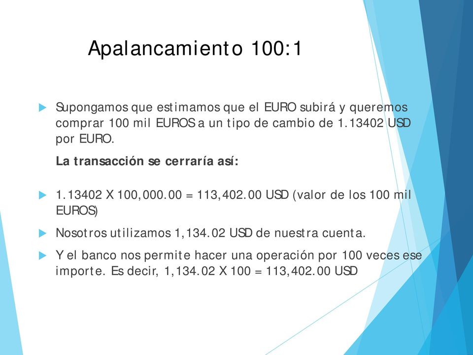 00 = 113,402.00 USD (valor de los 100 mil EUROS) Nosotros utilizamos 1,134.02 USD de nuestra cuenta.
