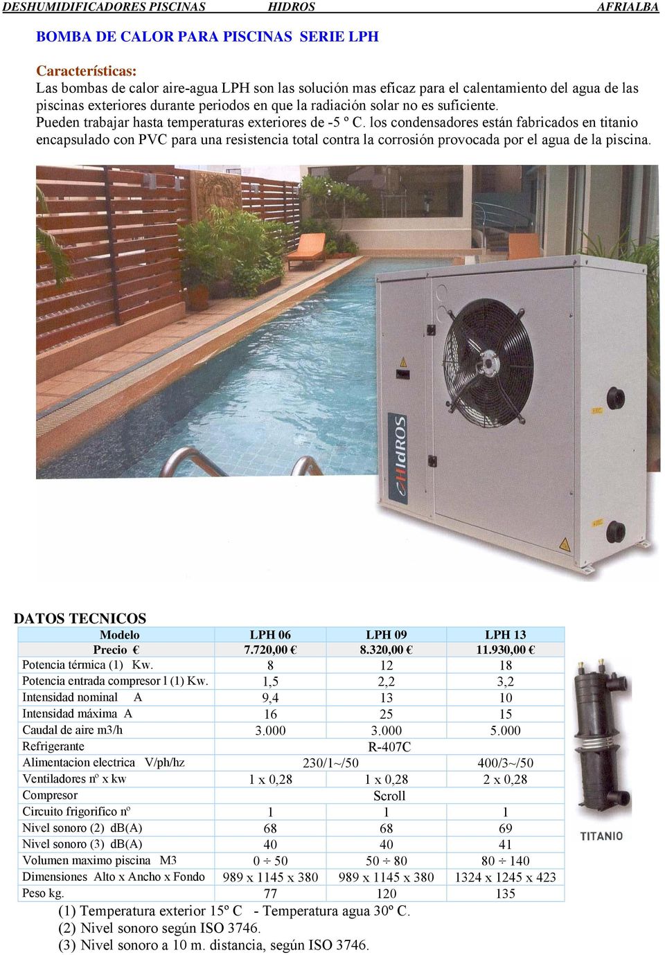 los condensadores están fabricados en titanio encapsulado con PVC para una resistencia total contra la corrosión provocada por el agua de la piscina. Modelo LPH 06 LPH 09 LPH 13 Precio 7.720,00 8.