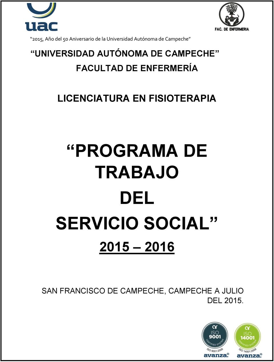 PROGRAMA DE TRABAJO DEL SERVICIO SOCIAL 2015