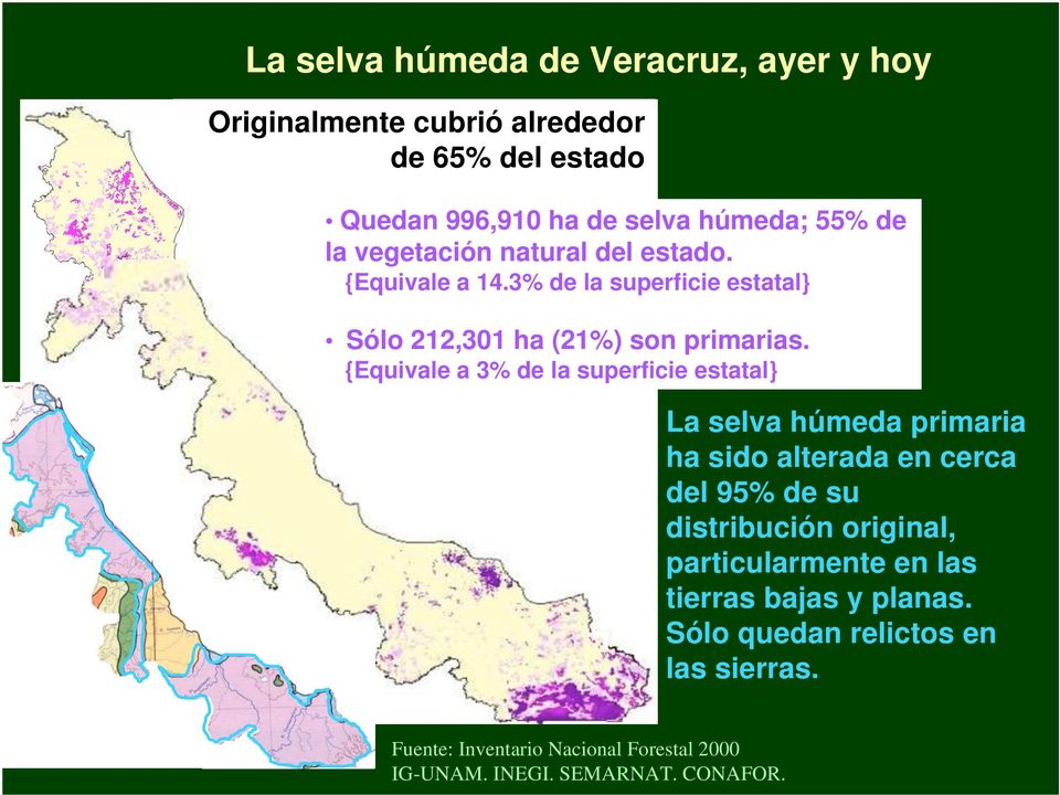 {Equivale a 3% de la superficie estatal} La selva húmeda primaria ha sido alterada en cerca del 95% de su distribución original,