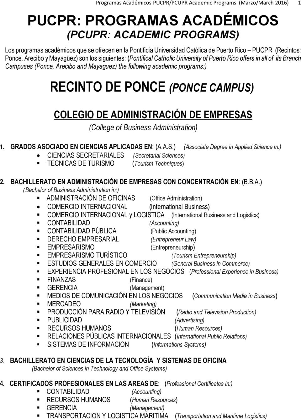 Mayaguez) the following academic programs:) RECINTO DE PONCE (PONCE CAMPUS) COLEGIO DE ADMINISTRACIÓN DE EMPRESAS (College of Business Administration) 1. GRADOS ASOCIADO EN CIENCIAS APLICADAS EN: (A.