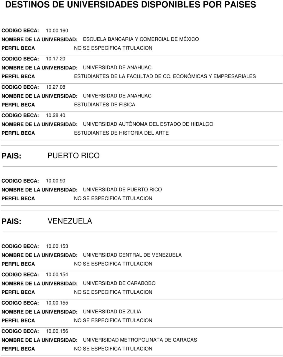 90 NOMBRE DE LA UNIVERSIDAD: UNIVERSIDAD DE PUERTO RICO PAIS: VENEZUELA CODIGO BECA: 10.00.153 NOMBRE DE LA UNIVERSIDAD: UNIVERSIDAD CENTRAL DE VENEZUELA CODIGO BECA: 10.00.154 NOMBRE DE LA UNIVERSIDAD: UNIVERSIDAD DE CARABOBO CODIGO BECA: 10.