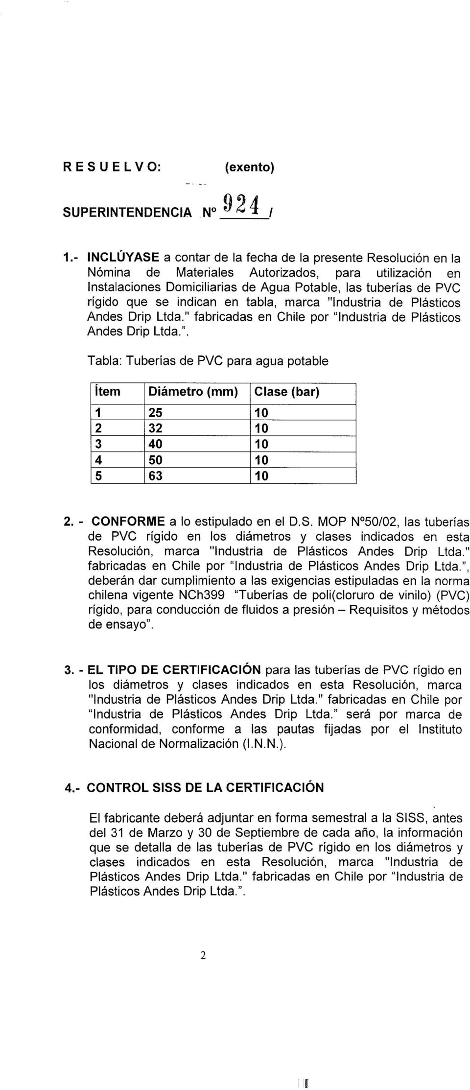 indican en tabla, marca "lndustria de Plásticos Andes Drip Ltda." fabricadas en Chile por "lndustria de Plásticos Andes Drip Ltda.". Tabla: Tuberías de PVC para agua potable ítem 1 2 3 4 5 Diámetro (mm) 25 32 40 50 63 Clase (bar) 10 2.