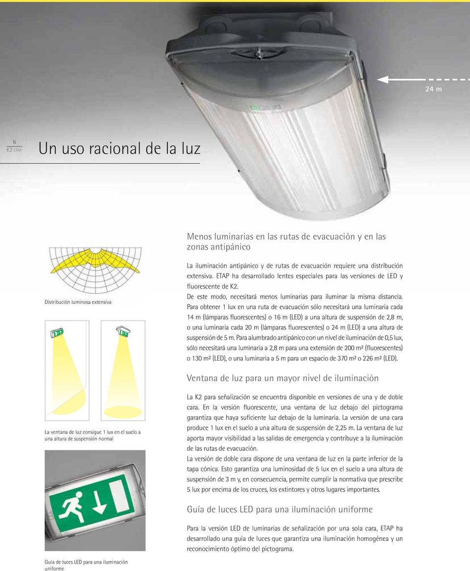 Para obtener 1 lux en una ruta de evacuación sólo necesitará una luminaria cada 14 m (lámparas fluorescentes) o 16 m (LED) a una altura de suspensión de 2,8 m, o una luminaria cada 20 m (lámparas