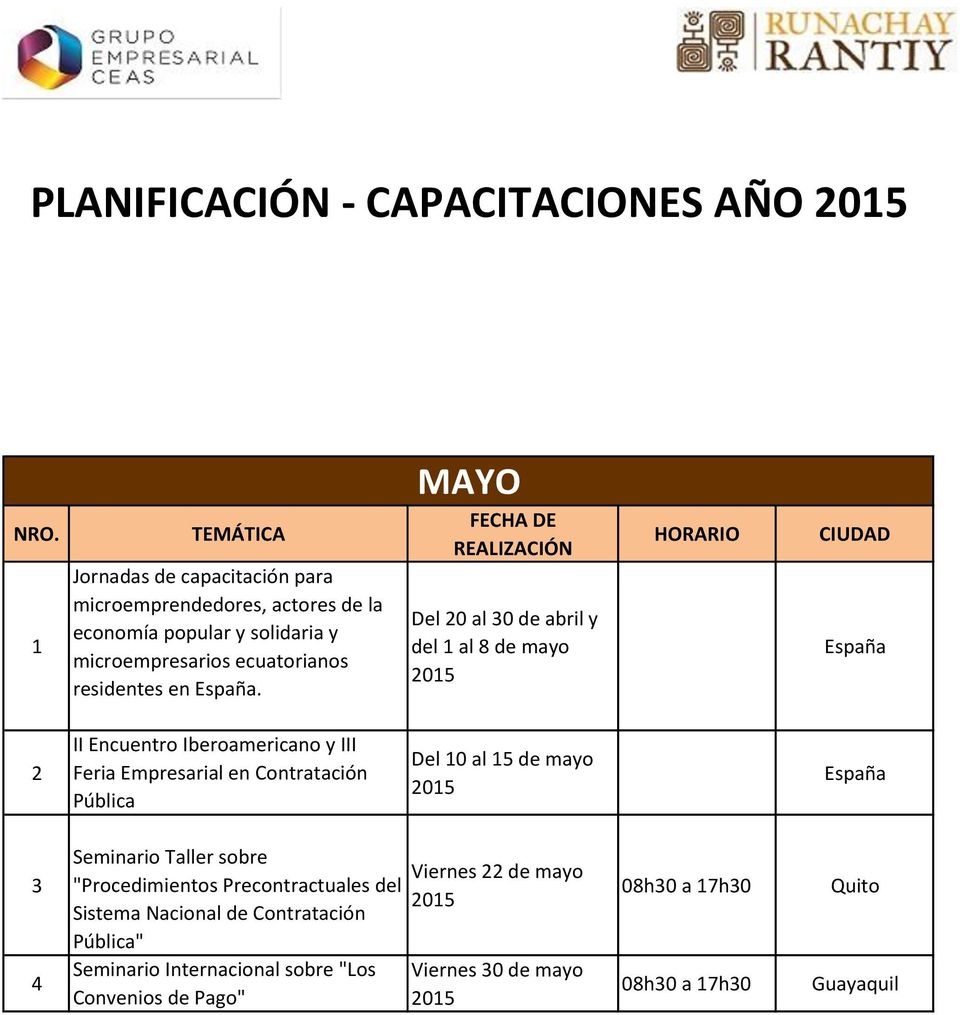 MAYO Del 0 al 0 de abril y del al 8 de mayo España II Encuentro Iberoamericano y III Feria Empresarial en Contratación