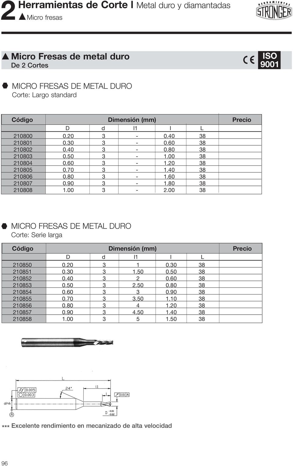 00 38 micro FRESAS de metal duro Corte: Serie larga Código Dimensión (mm) Precio D d l1 l L 210850 0.20 3 1 0.30 38 210851 0.30 3 1.50 0.50 38 210852 0.40 3 2 0.60 38 210853 0.