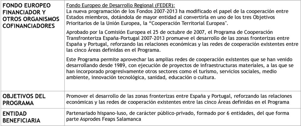 Aprobado por la Comisión Europea el 25 de octubre de 2007, el Programa de Cooperación Transfronteriza España-Portugal 2007-2013 promueve el desarrollo de las zonas fronterizas entre España y