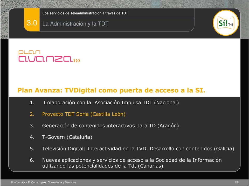 Generación de contenidos interactivos para TD (Aragón) 4. T-Govern (Cataluña) 5. Televisión Digital: Interactividad en la TVD.