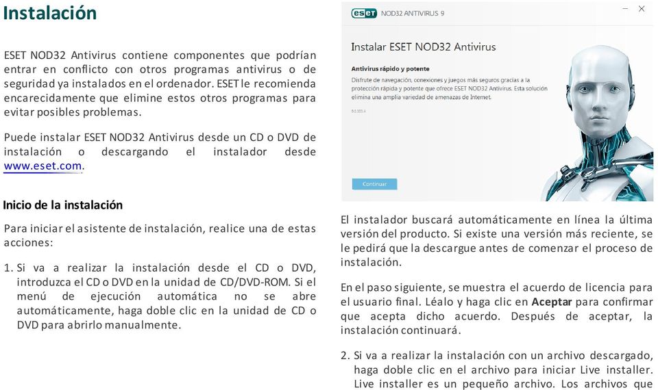 Puede instalar ESET NOD32 Antivirus desde un CD o DVD de instalación o descargando el instalador desde www.eset.com.