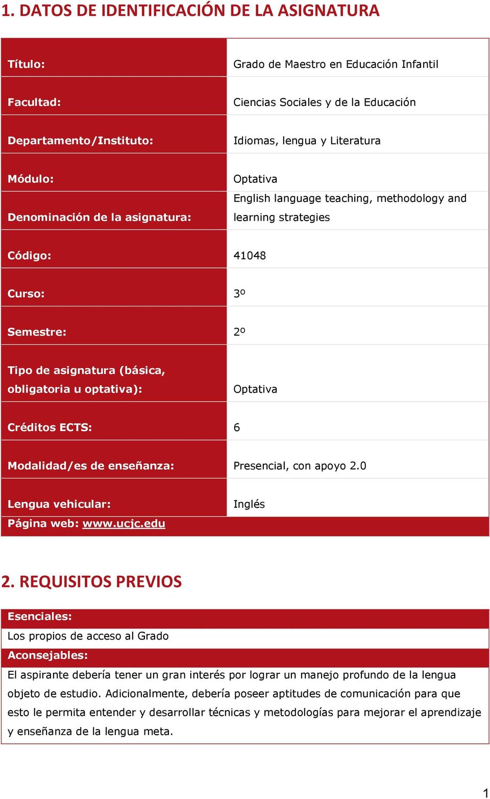 Optativa Créditos ECTS: 6 Modalidad/es de enseñanza: Presencial, con apoyo 2.0 Lengua vehicular: Página web: www.ucjc.edu Inglés 2.
