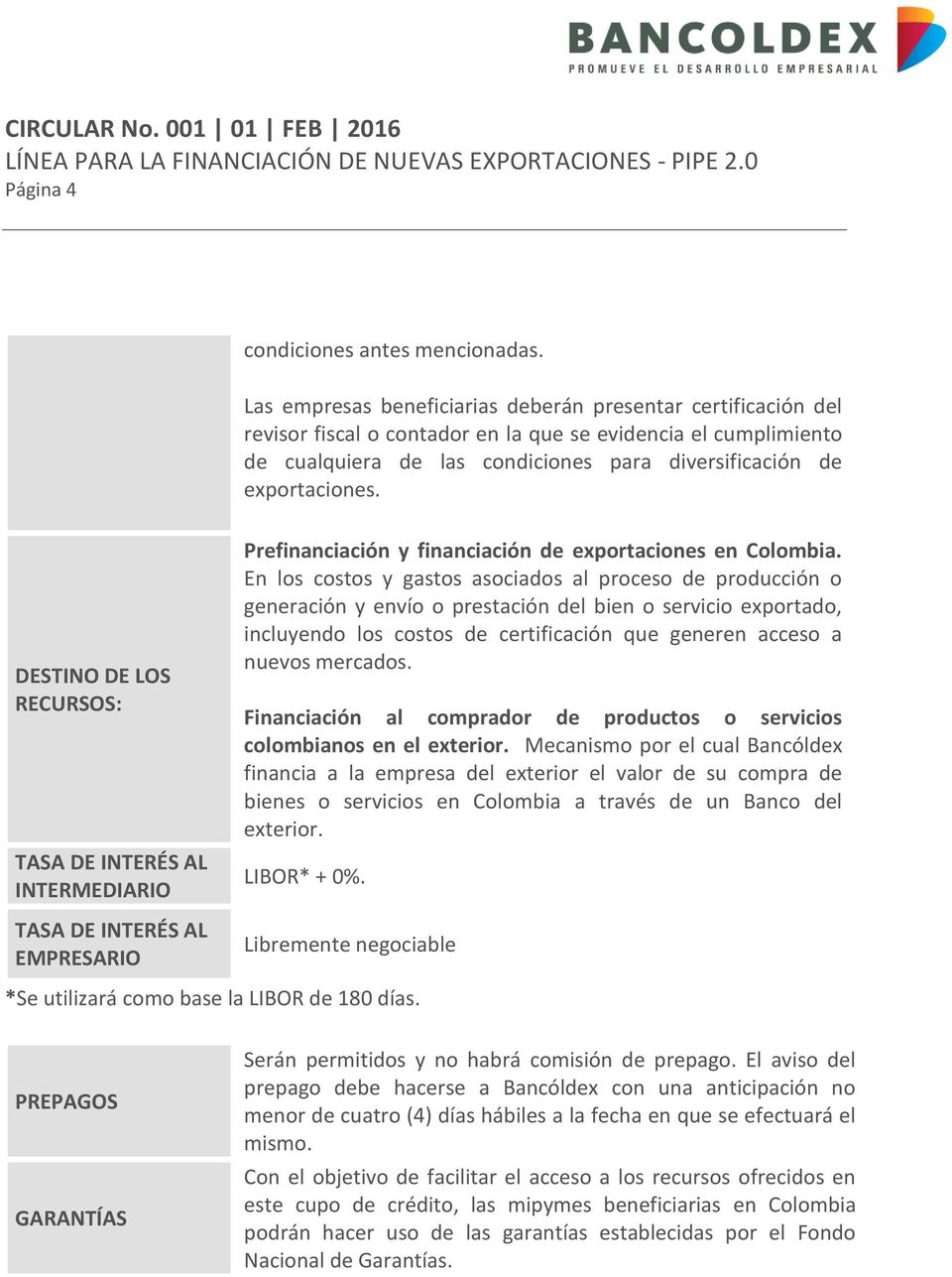 DESTINO DE LOS RECURSOS: INTERMEDIARIO EMPRESARIO Prefinanciación y financiación de exportaciones en Colombia.