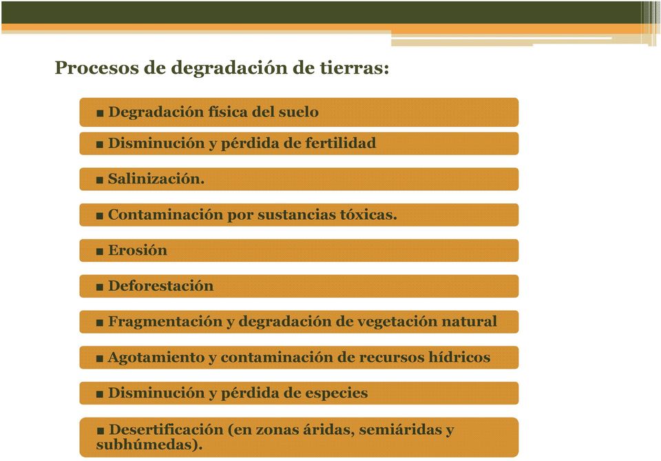 Erosión Deforestación Fragmentación y degradación de vegetación natural Agotamiento y