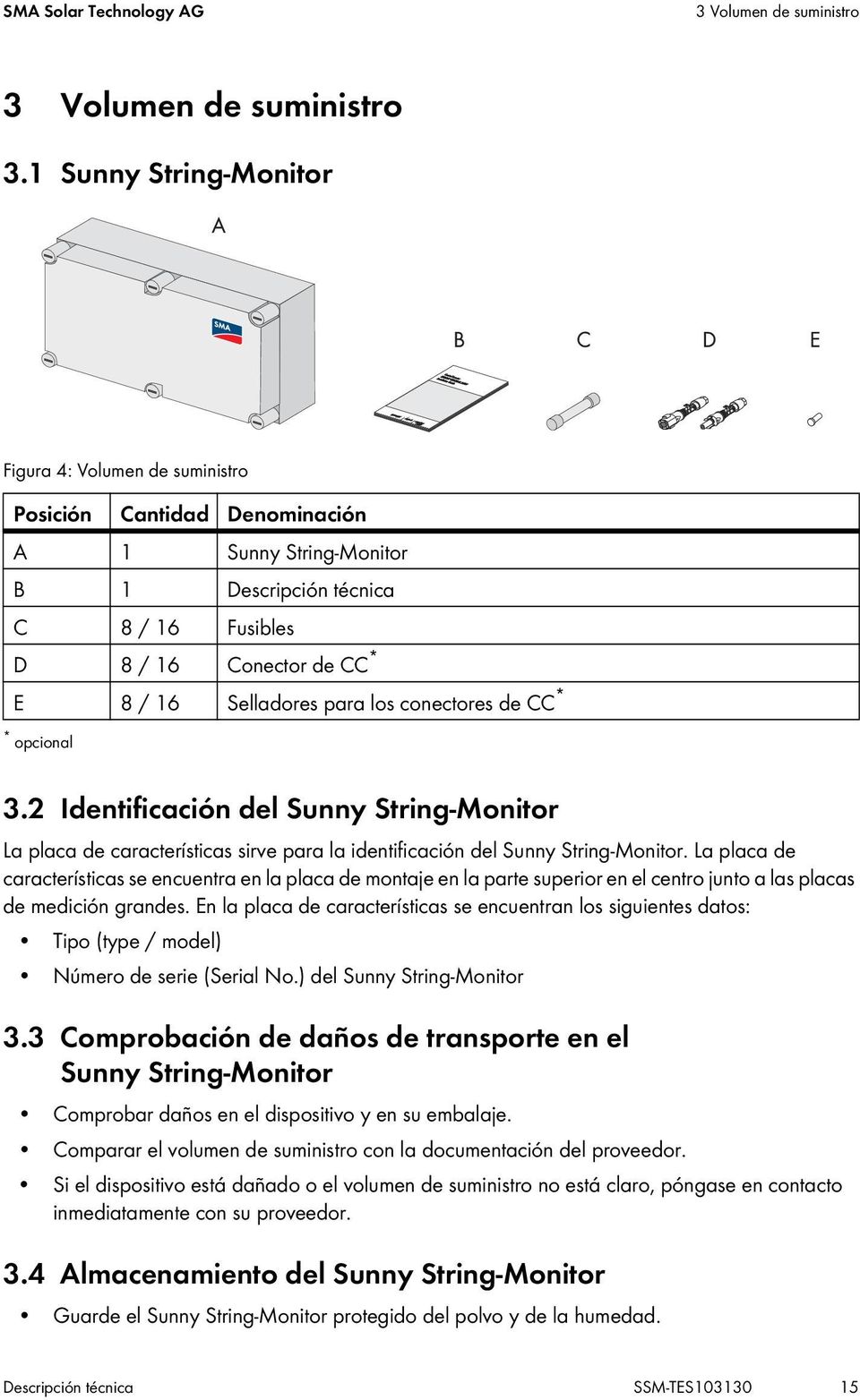 para los conectores de CC * * opcional 3.2 Identificación del Sunny String-Monitor La placa de características sirve para la identificación del Sunny String-Monitor.
