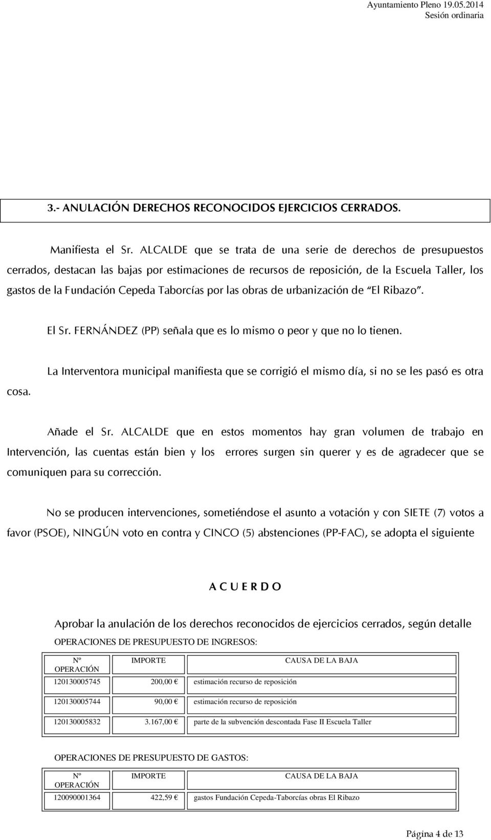 167,00 parte de la subvención descontada Fase II Escuela Taller OPERACIONES DE PRESUPUESTO DE GASTOS: