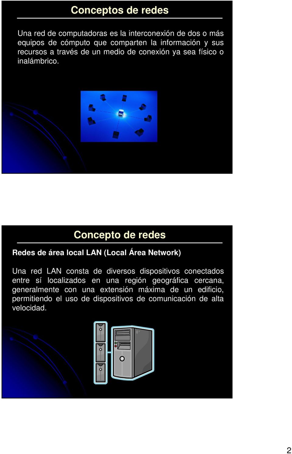 Concepto de redes Redes de área local LAN (Local Área Network) Una red LAN consta de diversos dispositivos conectados entre