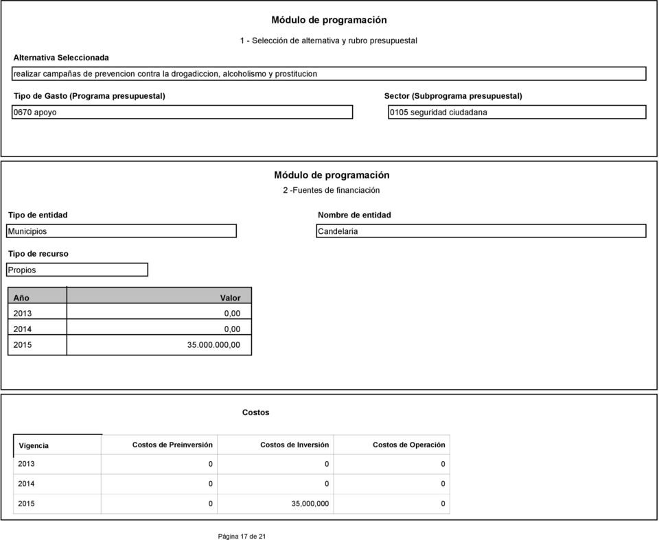 Módulo de programación 2 -Fuentes de financiación Tipo de entidad Municipios Nombre de entidad Candelaria Tipo de recurso Propios Año Valor 2013 0,00