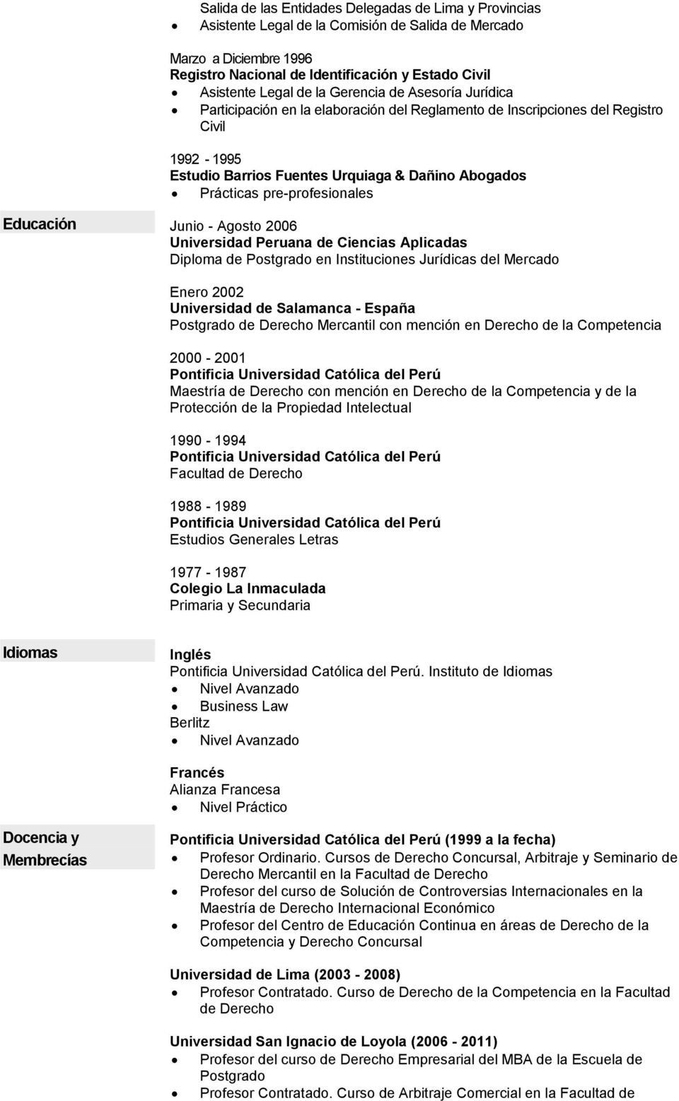 pre-profesionales Educación Junio - Agosto 2006 Universidad Peruana de Ciencias Aplicadas Diploma de Postgrado en Instituciones Jurídicas del Mercado Enero 2002 Universidad de Salamanca - España