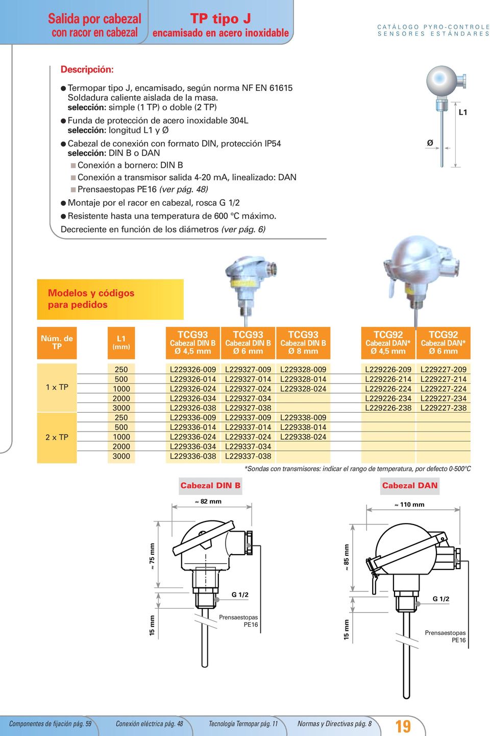 bornero: DIN B Conexión a transmisor salida 4-0 ma, linealizado: DAN Prensaestopas PE6 (ver pág. 48) Montaje por el racor en cabezal, rosca G / Resistente hasta una temperatura de 600 C máximo.