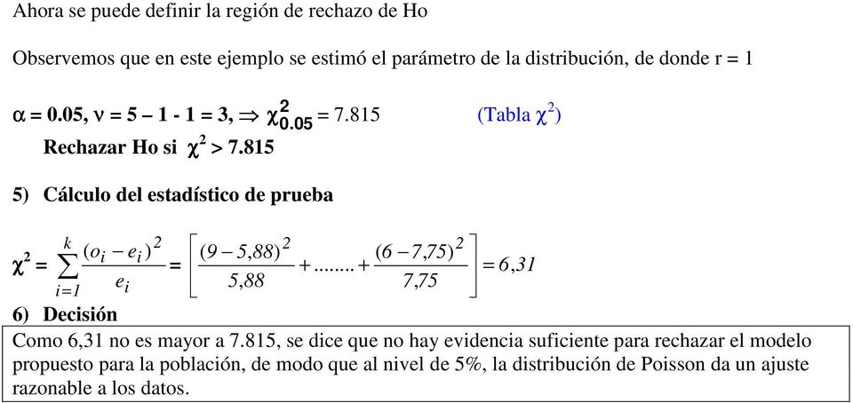 85 5) Cálculo dl stadístico d pruba k χ (o i i ) ( 9 5, 88) ( 6 7, 75) = =.