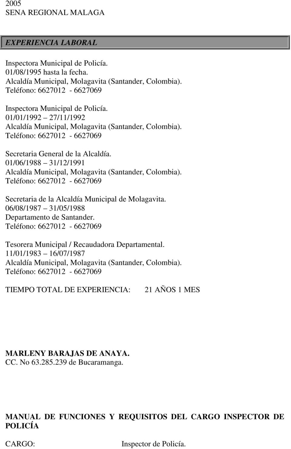 01/06/1988 31/12/1991 Alcaldía Municipal, Molagavita (Santander, Colombia). Teléfono 6627012-6627069 Secretaria de la Alcaldía Municipal de Molagavita. 06/08/1987 31/05/1988 Departamento de Santander.