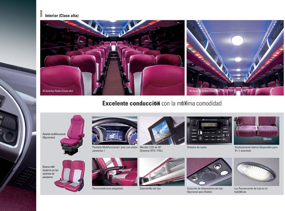 Sistema de audio Deslizamiento lateral (disponible para 41+1 asientos) Diseno mas moderno en los asientos de pasajeros
