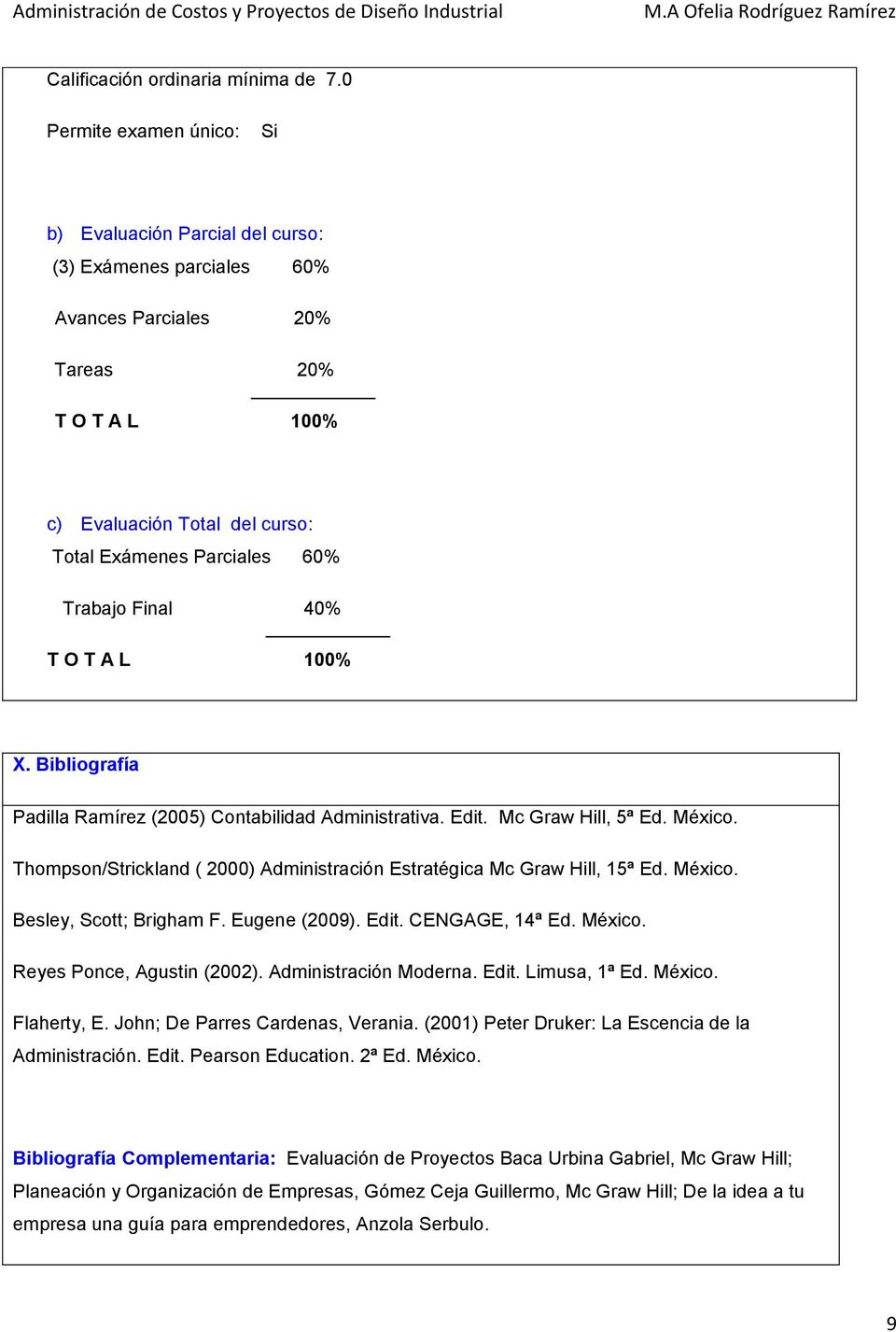 Trabajo Final 40% T O T A L 100% X. Bibliografía Padilla Ramírez (2005) Contabilidad Administrativa. Edit. Mc Graw Hill, 5ª Ed. México.