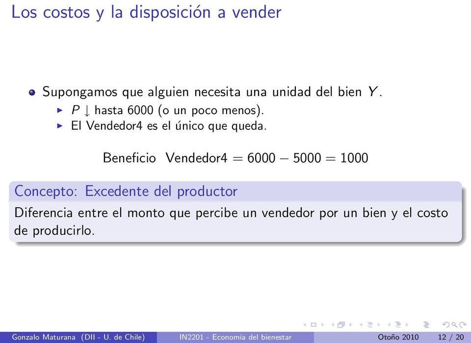 Beneficio Vendedor4 = 6000 5000 = 1000 Concepto: Excedente del productor Diferencia entre el monto